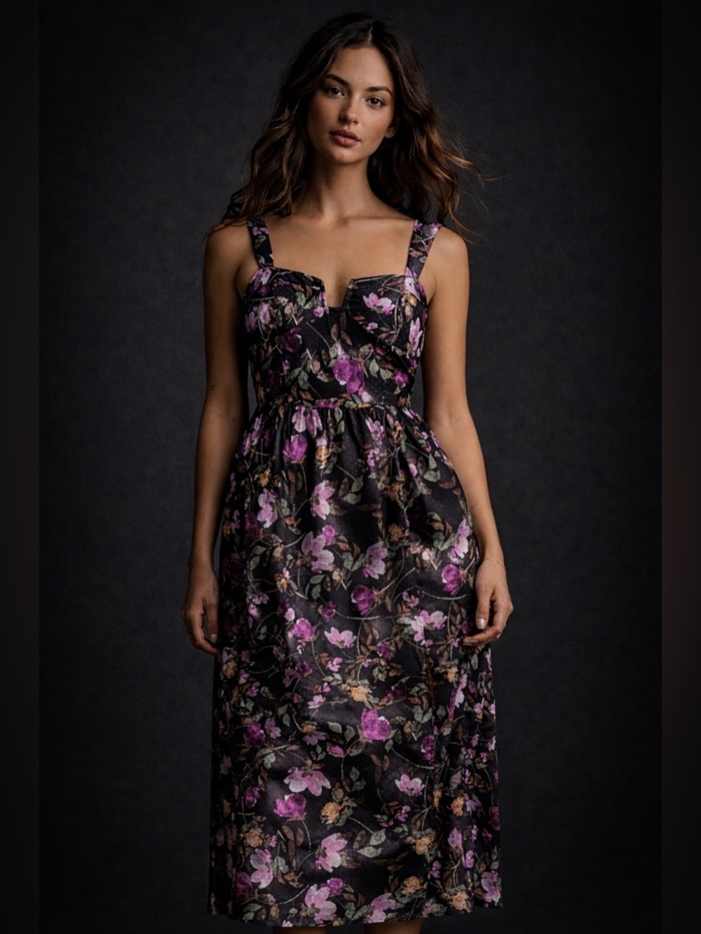 Anthropologie Black Midi Dress with Purple Floral Print